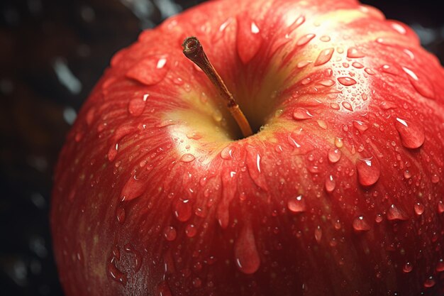 Er is een rode appel met waterdruppels erop.