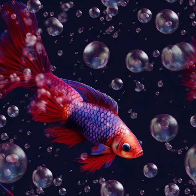 Er is een rode vis met blauwe en paarse vinnen zwemmen in een zwembad van water generatieve ai
