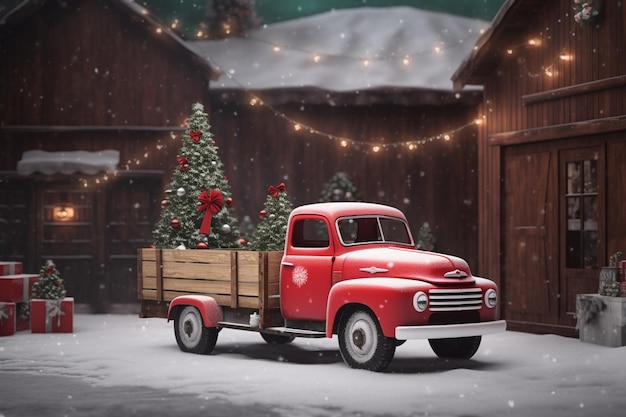 Foto er is een rode vrachtwagen met een houten kist achterin.