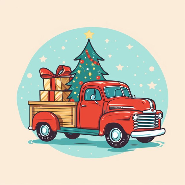 Foto er is een rode vrachtwagen met een kerstboom op de achterkant.