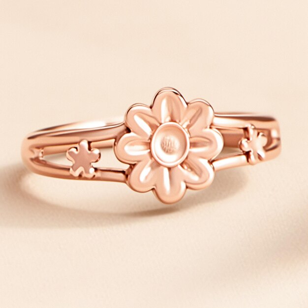 Er is een roosgouden ring met een bloem erop.