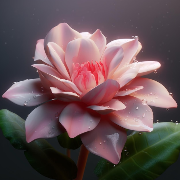Er is een roze bloem met waterdruppels erop generatieve ai