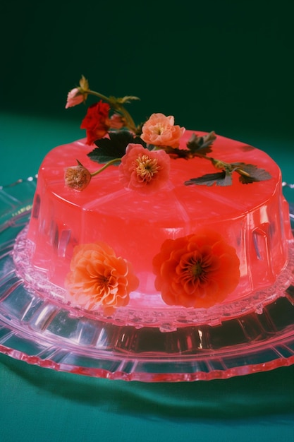 er is een roze cake met bloemen op een doorzichtige plaat generatieve ai