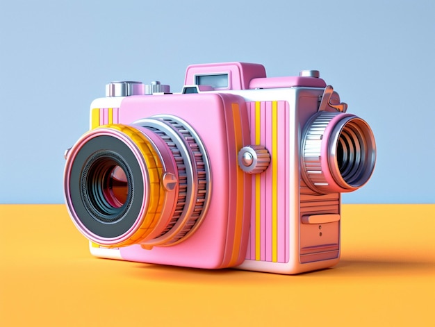 Er is een roze camera met een gele achtergrond en een blauwe muur generatieve ai