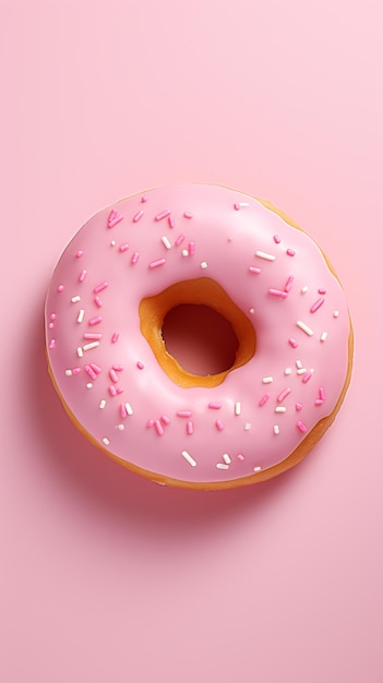 Er is een roze donut met hagelslag op een roze oppervlak generatieve ai