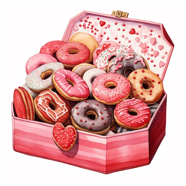 Er is een roze doos vol met donuts en andere lekkernijen.