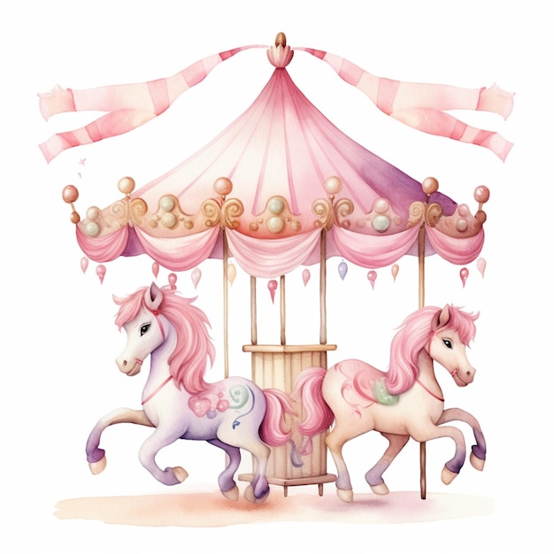 er is een roze en witte carrousel met twee paarden generatieve ai