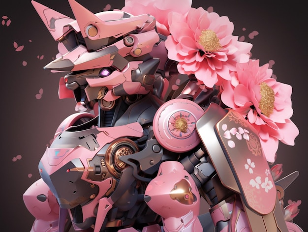 Er is een roze en zwarte robot met bloemen erop.