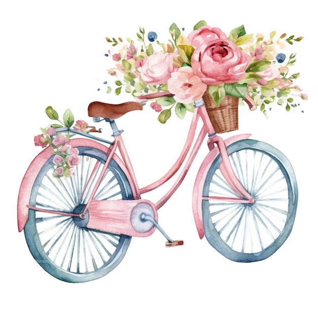 Er is een roze fiets met bloemen op het voorwiel.