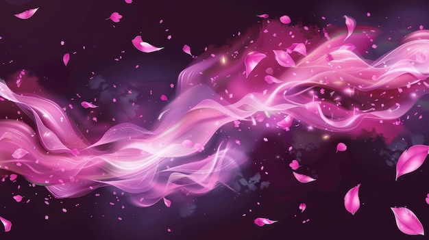 Er is een roze geur wind wervel met gloeiende rook en kersenboom bloemblaadjes een realistische moderne illustratie van abstracte lucht spray of neon mist