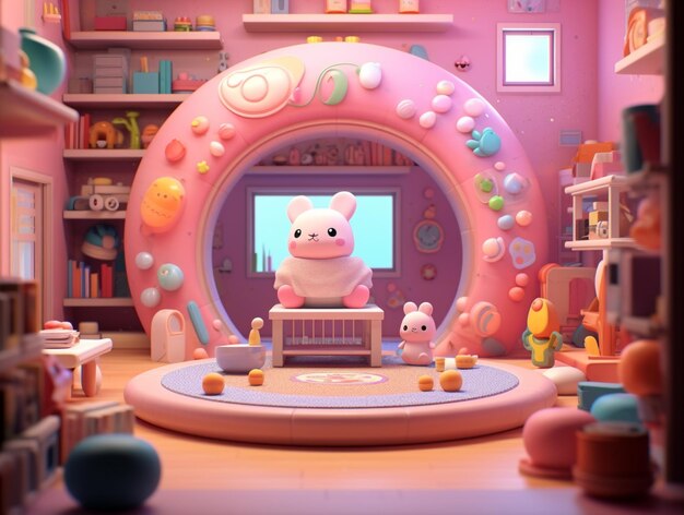 er is een roze kamer met een roze teddybeer in het midden, generatieve ai