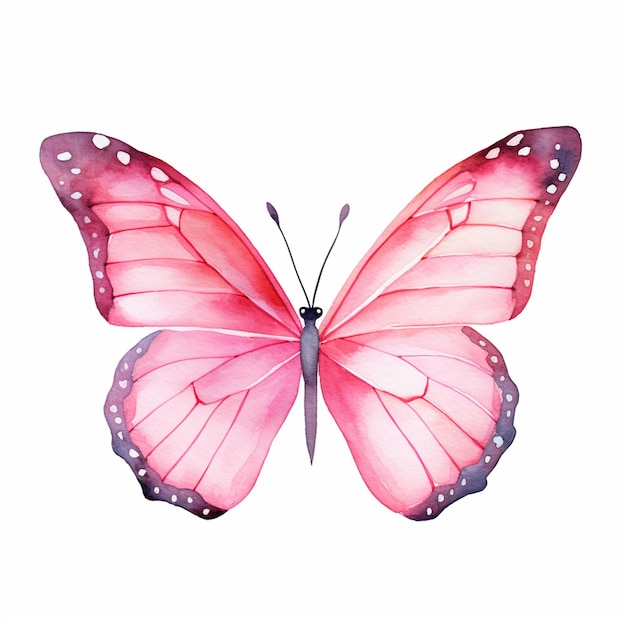 Er is een roze vlinder met witte stippen op zijn vleugels.