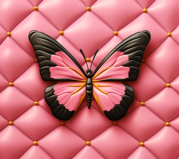 Er is een roze vlinder op een roze gewatteerde muur generatieve ai