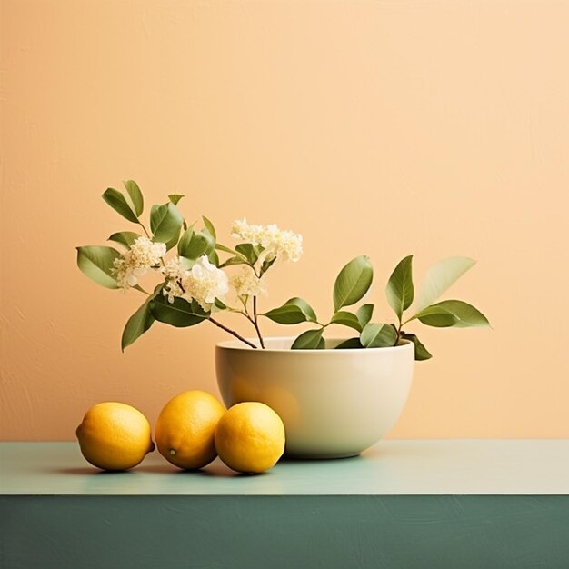 Er is een schaal met citroenen en een plant op een tafel.