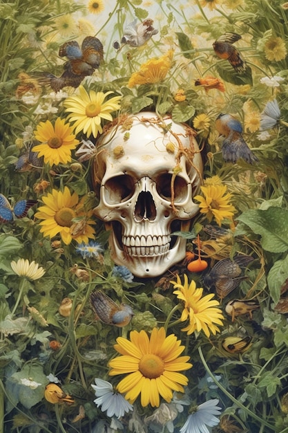 er is een schedel in het midden van een veld met bloemen generatieve ai