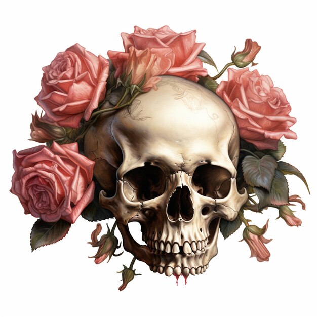 er is een schedel met rozen erop en een rozenkrans generatieve ai