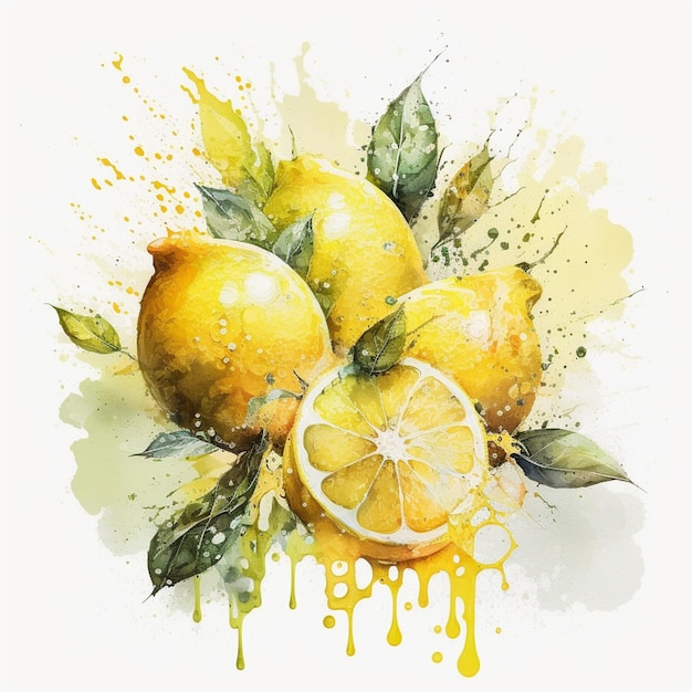 er is een schilderij van citroenen met bladeren en een druipende verf generatieve ai