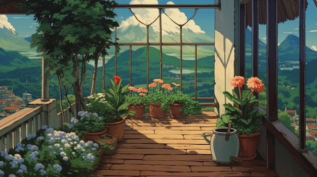 Er is een schilderij van een balkon met potplanten en bloemen generatieve ai