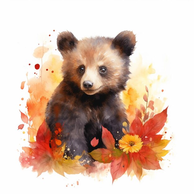 Er is een schilderij van een beer met een bloem op de achtergrond generatieve ai