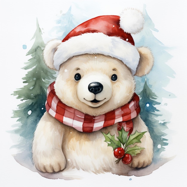 er is een schilderij van een beer met een kerstmuts generatieve ai