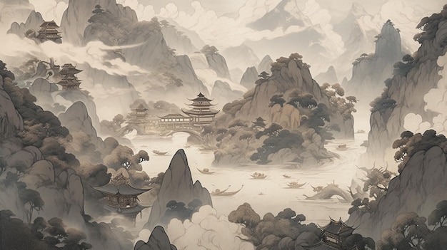 Er is een schilderij van een berglandschap met een pagode in de verte generatieve ai
