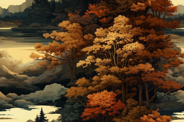 er is een schilderij van een bergtafereel met bomen en een generatief meer