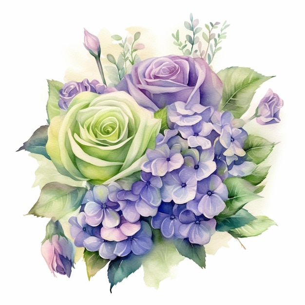 Er is een schilderij van een boeket bloemen met paarse en groene rozen generatieve ai