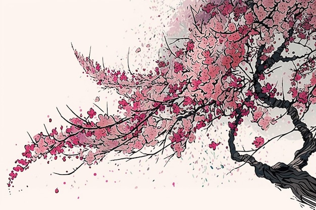 Er is een schilderij van een boom met roze bloemen erop generatieve ai
