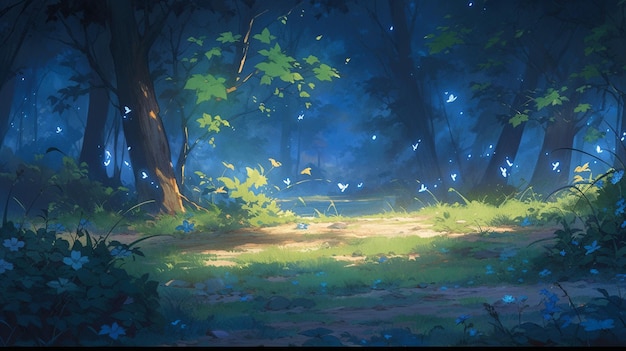 Er is een schilderij van een bos met een pad in het midden generatieve ai