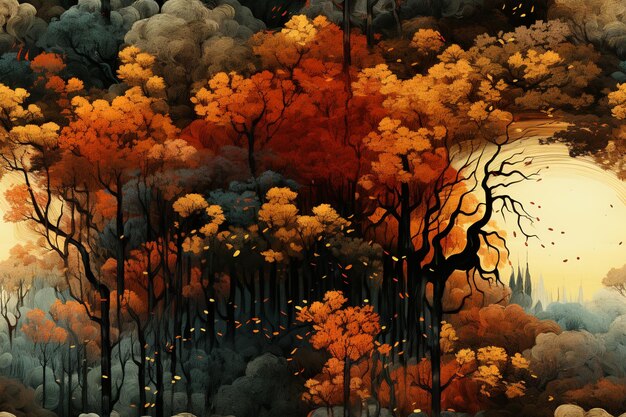 er is een schilderij van een bos met een volle maan op de achtergrond generatieve ai