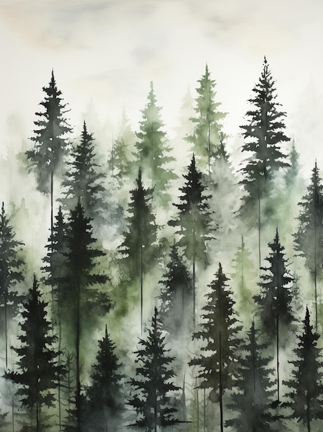 er is een schilderij van een bos met veel bomen generatieve ai