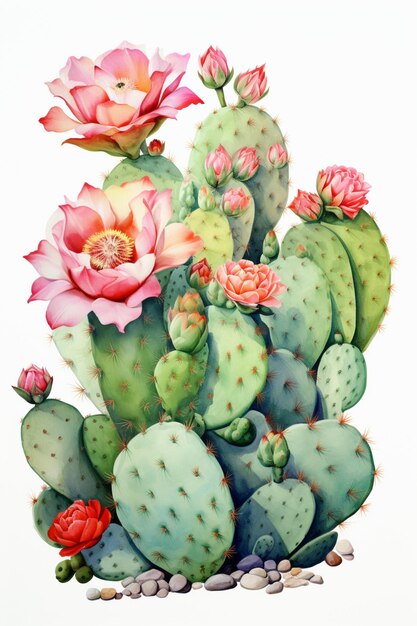Er is een schilderij van een cactus met bloemen erop.
