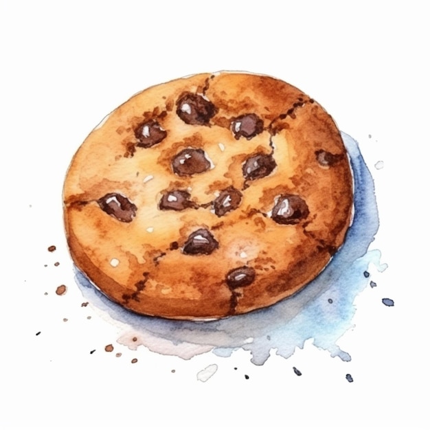 Er is een schilderij van een chocoladekoekje op een bord.