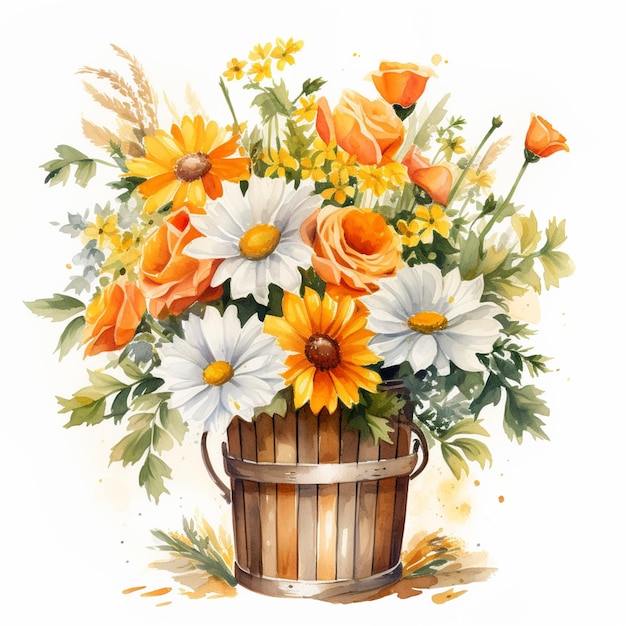 er is een schilderij van een emmer met bloemen met oranje en witte bloemen generatieve ai