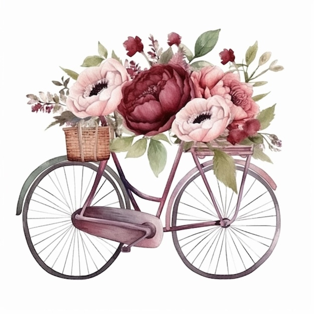 Er is een schilderij van een fiets met bloemen op de achterkant generatieve ai