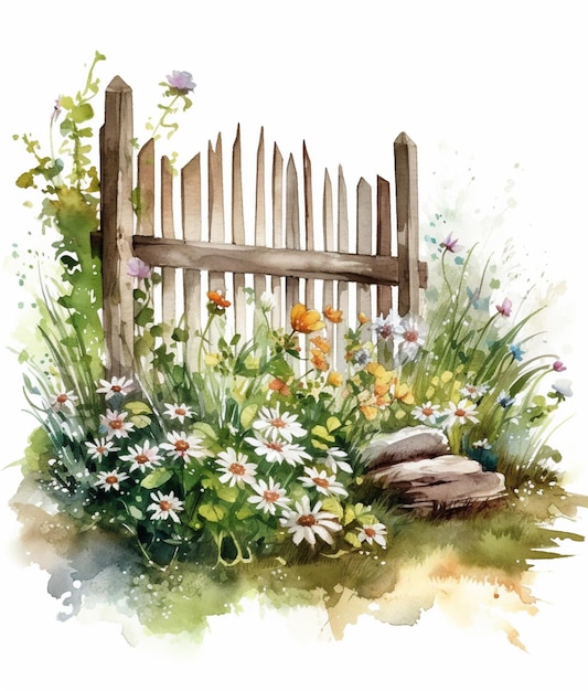 Er is een schilderij van een hek met bloemen en rotsen generatieve ai