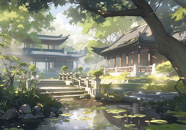 Er is een schilderij van een Japanse tuin met een vijver en een pagode generatieve ai