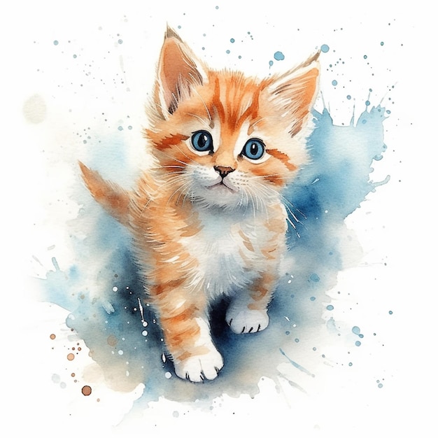 er is een schilderij van een kitten met blauwe ogen en een witte achtergrond generatieve ai