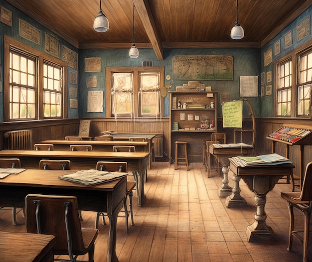 Er is een schilderij van een klaslokaal met bureaus en stoelen generatieve ai