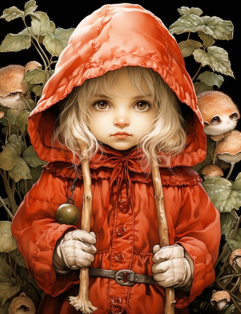 er is een schilderij van een klein meisje in een rode jas generatieve ai