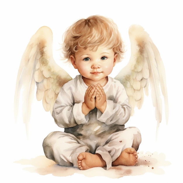 Er is een schilderij van een kleine jongen met engelenvleugels.