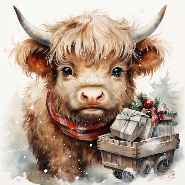 er is een schilderij van een koe met een kar met cadeautjes generatieve ai