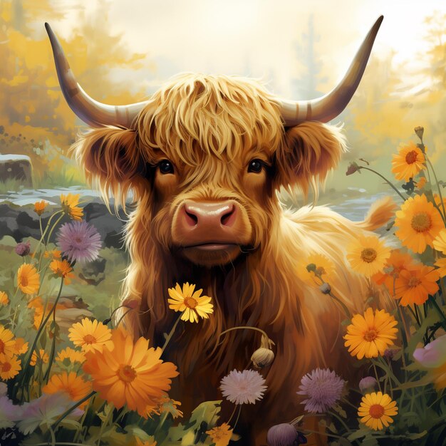 er is een schilderij van een koe met hoorns in een veld met bloemen generatieve ai