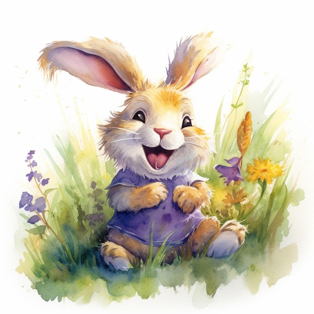 er is een schilderij van een konijn dat in het gras zit generatieve ai