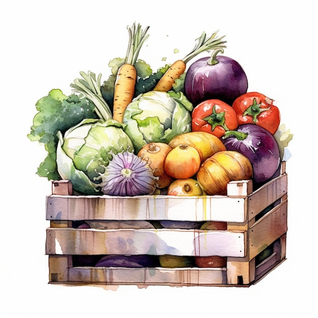 er is een schilderij van een krat met groenten op een witte achtergrond generatieve ai