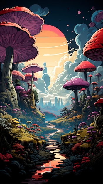 er is een schilderij van een landschap met paddenstoelen en een stroom generatieve ai