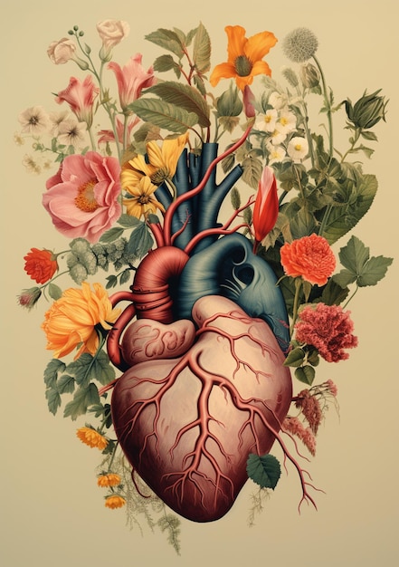 Er is een schilderij van een menselijk hart omringd door bloemen generatieve ai