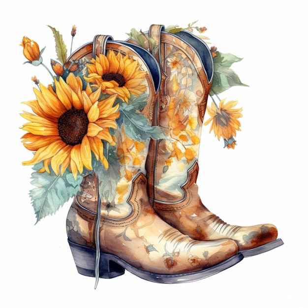 Er is een schilderij van een paar cowboylaarzen met generatieve ai zonnebloemen