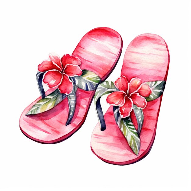 Foto er is een schilderij van een paar flip-flops met bloemen erop.