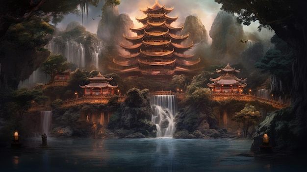 Er is een schilderij van een pagode in het midden van een waterval generatieve ai